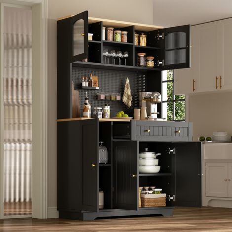 Credenza alta vetrina 103,5x40x180 cm in truciolare nero per cucina – MEUBLIV (1/5)