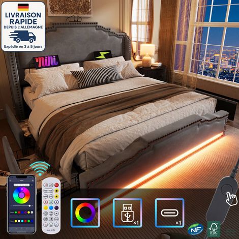 Lit avec tiroirs 180x200 cm,Lit adulte 180x200 cm - sans matelas, lits doubles LED, USB, velours, gris (1/5)