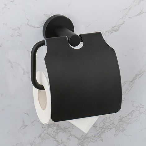 (Avec couvercle) Accessoires de salle de bain Porte-serviettes Étagère Barre Porte-rouleau de papier toilette avec couvercle Porte-serviettes à main Crochet pour peignoir Porte-brosse WC Noir (1/5)