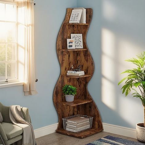 Modernes 5-stufiges Eckregal, kleines, elegantes Eckregal mit einzigartiger Form für Zuhause, Büro, Wohnzimmer, Braun