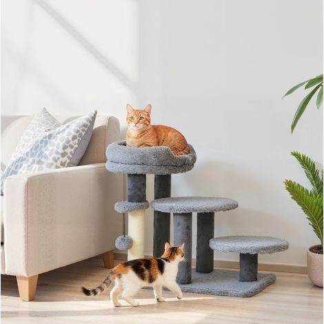 Arbre à chat et escalier pour chat, base large, peluche, poteau en sisal, gris DESVIAE (1/5)