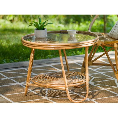 Table basse ronde en rotin naturel tressé – Plateau en verre – Diamètre 64 cm – Hauteur 50 cm – Pour espaces extérieurs – Jardiline (1/4)