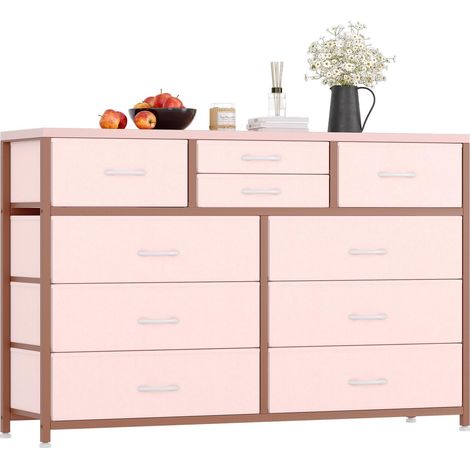 Commode De Chambre, Armoire, Meuble De Rangement, Meuble TV, Commode à 10 Tiroir En Tissu Avec Cadre En Métal, Moderne Pour Salon, Couloir Rose (1/5)