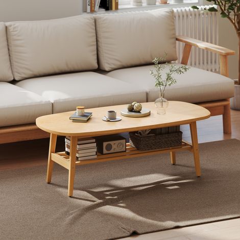 Table basse salon avec étagère de rangement 120x60x42 cm, finition bois naturel (1/5)