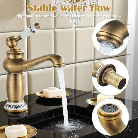 Robinet salle bain rétro en laiton – Mitigeur lavabo levier unique col motif floral vintage – Eau chaude et froide réglable – Adapté toilette et cuisine – Finition doré brossé (1/5)
