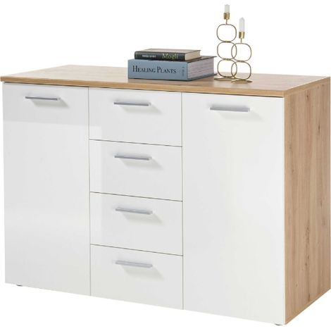 Commode Lobi 2 portes 4 tiroirs - blanc brillant/bois