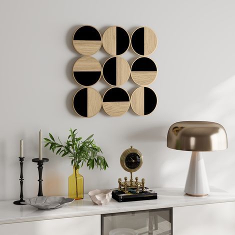 Décoration murale en métal, sculpture murale en métal, design unique à plusieurs disques, 60 x 60 cm, naturel et noir (1/4)