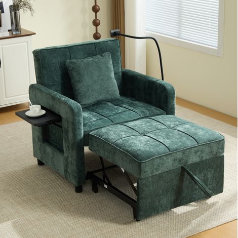 Sillón cama 167x79x83 cm verde en chenilla 2 en 1 con respaldo ajustable y almacenaje (1/5)