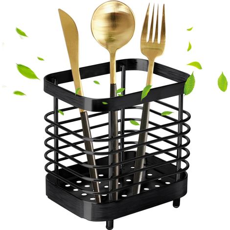 CSPARKV 1 pcs Stainless Steel Cutlery Drainer, Metal Cutlery Holder, Kitchen Utensil Holder for Storing Knives, Forks, Spoons and Chopsticks in the Kitchen, Matte Black (1/5)