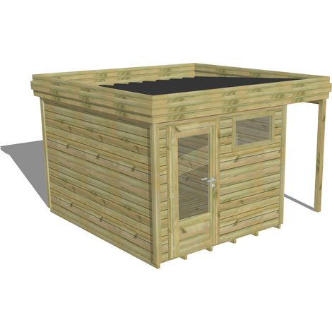 ABRI DE JARDIN bois Pin autoclave 27mm - 3,64x3,44m / 12,5m2 - Bac acier - Plancher bois (1/5)