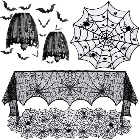 Ensemble de 5 décorations d'Halloween : araignées, dentelle, abat-jour en forme de toile d'araignée et 60 chauves-souris 3D effrayantes. Idéal pour décorer une fête d'Halloween. (1/5)