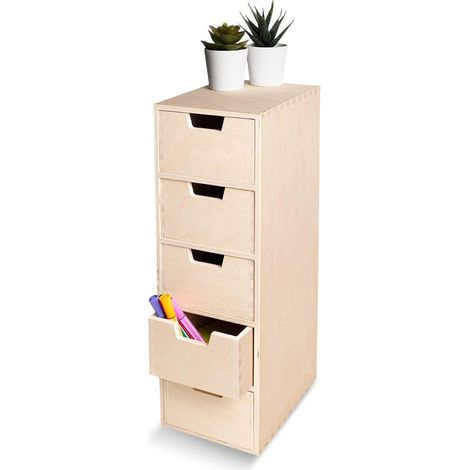 Petite commode en bois 5 tiroirs – Dimensions 15 x 20,5 x 47 cm – Bois de pin certifié – Rangement pour bureau et maison