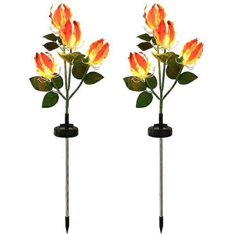 Set van 2 waterdichte solar buitenlampen in de vorm van vlammen en een lelie, geschikt voor tuin, erf en oprit. (1/4)