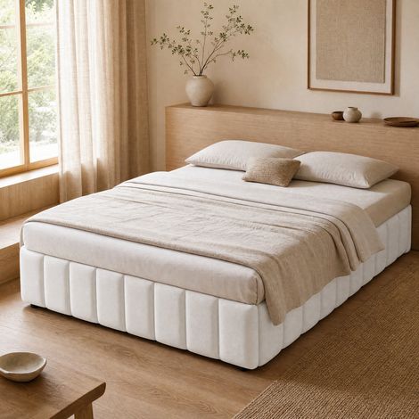 Lit coffre 140x200 cm en tissu beige, gain de place pour chambre sans matelas FloraGrace (1/5)
