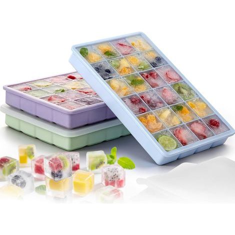 Bac À Glacon Avec Couvercle,Moule À Glaçons En Silicone Récipient À Glaçons En Silicone, Disponible En Set De 3, Offrant 72 Glaçons Carrés. Idéal Pour Le Whisky Et Les Cocktails. (1/5)