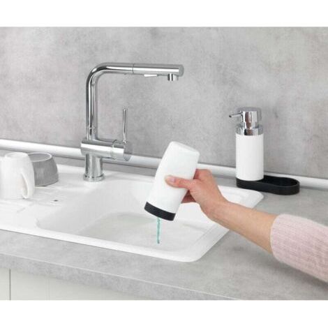 Station de lavage Easy-Squeeze, distributeur liquide vaisselle et distributeur savon liquide, Capacité 250 ml, Plastique - Silicone, 15x18x7 cm, blanc (1/4)