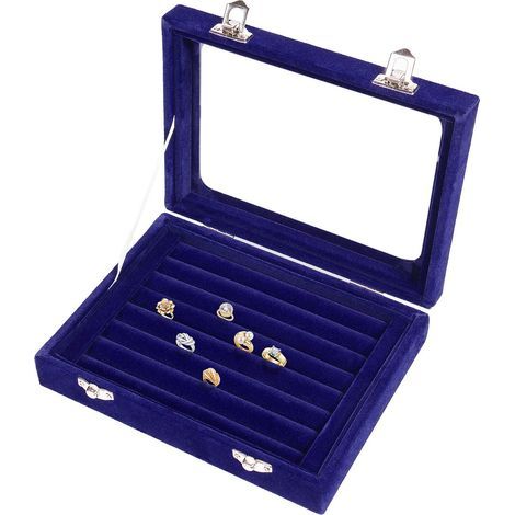 Caja organizadora de joyas con 8 compartimentos para anillos, pendientes y collares (azul) (1/5)