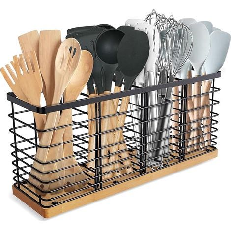 Porte-ustensiles de cuisine extra large avec 4 compartiments, support en métal noir mat avec base en bois pour comptoir de cuisine, rangement d'ustensiles de cuisine rustiques, ustensiles de (1/5)