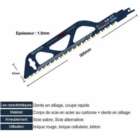 Wolframkarbid-Stahl-Säbelsägeblatt für Metall, Holz, Stein, Säbelsägenzubehör für Porenbeton, Ziegel, Beton, Zementplatten, Länge (305 mm (S1243HM)) (1/4)