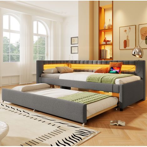 Lit banquette 90 x 200 cm en tissu gris et MDF, avec lit gigogne 90 x 190 cm, LED contrôlée par application, ports USB et Type-C, sans matelas – de FLORAGRACE (1/5)