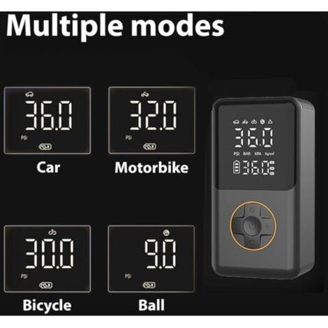 Compressore d'aria per gonfiaggio pneumatici. Compressore per gonfiaggio pneumatici auto con manometro. Pompa ad aria elettrica ricaricabile senza fili, intelligente e con doppio display. (1/3)