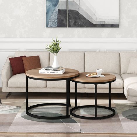 Couchtisch-Set 2-teilig 50x50x70.5 cm / 45.5x45.5x44 cm Eiche MDF mit Metallgestell, platzsparend verschachtelbar (1/5)