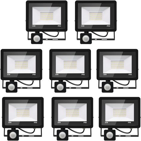 8PACK - 30W Projecteur LED détecteur de mouvement,Blanc Froid (6000K) 3000LM Projecteur LED Exterieur Avec Detecteur Imperméable IP66 Projecteur LED exterieur de sécurité pour, garage, couloir
