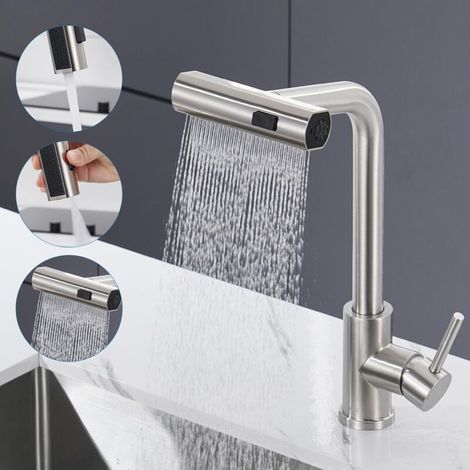 Schwarze Wasserfall-Küchenarmatur, Küchenmischer mit Ausziehbrause und 3 Durchflussstufen, 360° drehbare, einziehbare Küchenspülenarmatur aus gebürstetem Nickel-Edelstahl, Nickel gebürstet
