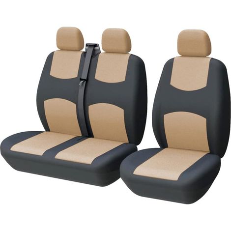 Housse de siège Voiture Universelle Housse Siege camionnette  Housses de siège Avant Simple et Double  Conducteur et Double Passager 2 + 1, Noir et Beige (1/5)
