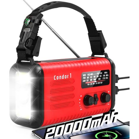 Radio à manivelle d'urgence, 20 000 mAh/74 000 mWh, radio météo solaire à manivelle avec NOAA/AM/FM, radio alimentée par batterie avec chargeur de téléphone portable, lampe de lecture, lampe de poche (1/5)