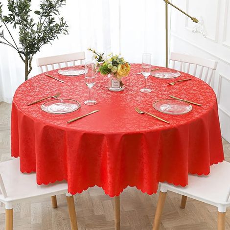 Nappe ronde en toile cirée lavable de 160 cm, en PVC jacquard, résistante aux taches et facile d'entretien, rouge. (1/5)