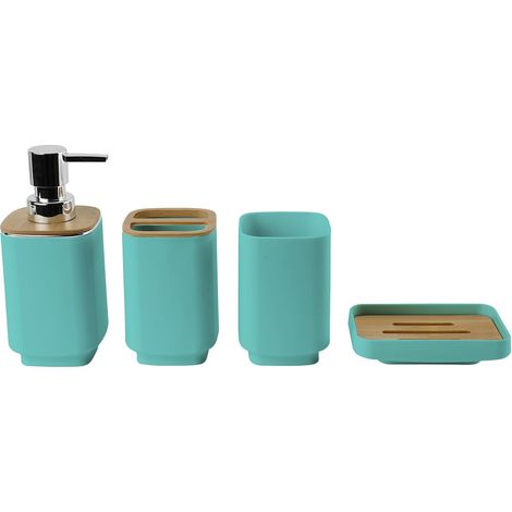 Lot 4 accessoires salle de bain bleu vif, distributeur lotion, gobelet, porte-savon. (1/4)