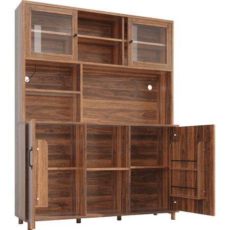 ELVMI Credenza Cucina Alta con 2 Ante Scorrevoli, 3 Ripiani Regolabili, LED e USB, in Vetro e MDF, 140 x 40 x 185 cm (1/5)