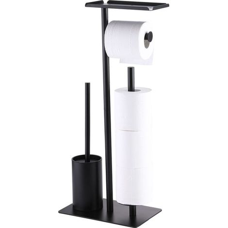 Porte-papier toilette vertical pour 3 rouleaux avec petit disque et brosse WC, noir (1/4)