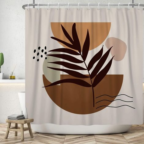180x200cm Rideau de Douche Abstrait Milieu du Siècle Marron Aquarelle Feuille de Palmier pour Salle de Bain Plante Tropicale Soleil Baignoire (1/5)