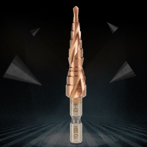 foret conique étagé à rainure hélicoïdale avec poignée hexagonale en acier rapide au cobalt (4-12 mm)