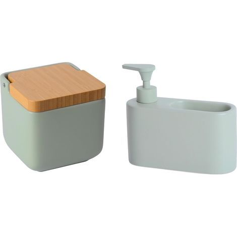 - Accesorio de cocina - Cerámica - Dispensador de líquidos y salero - Acabado verde mate - Bambú - 18x6x15,8cm y 11,5x11,5x11,5cm (1/5)