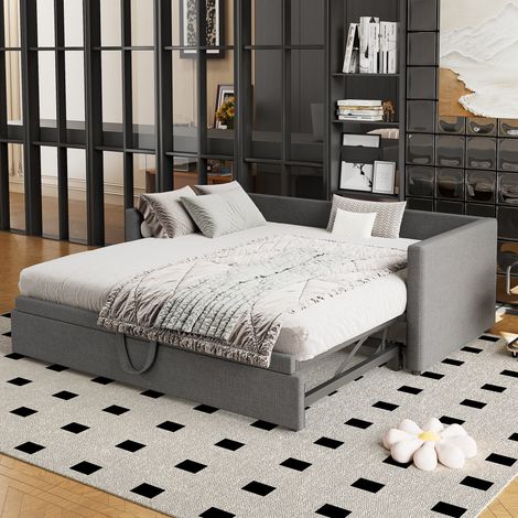 Day bed, 90x190cm, with Trundle, sofa bed, for adults & teenagers, easy assembly, Linen, Grey (1/5)