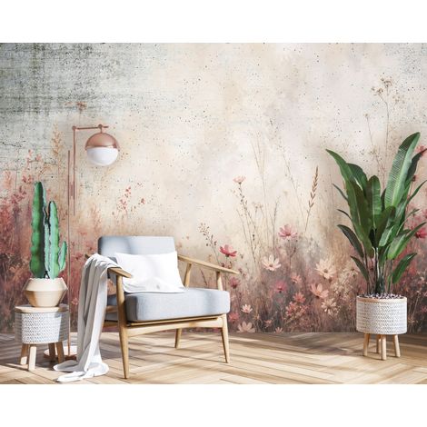 Papier peint panoramique fleurs sauvages prairie bohème beige pour salon et chambre 254x184 cm (1/5)