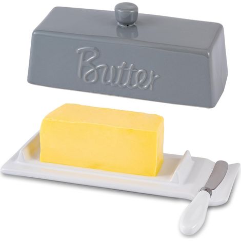 Beurrier Céramique avec Couteau - Design Allongé Moderne, Boîte à Beurre avec Couvercle pour Table et Réfrigérateur - pour Beurre en Bâtonnet ou Demi-Motte 250g - Gris (1/5)