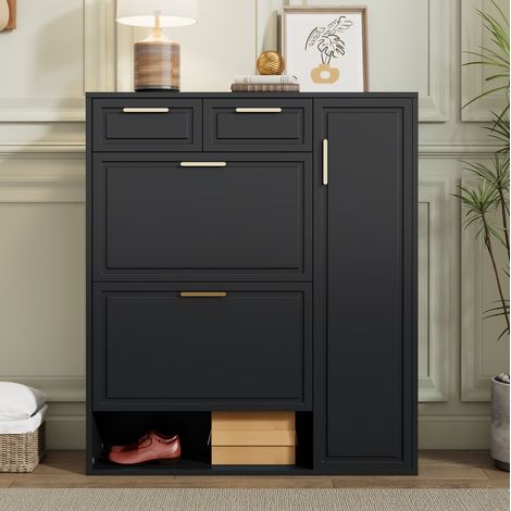 Meuble à chaussures en MDF et panneaux de particules noir 95x24x107 cm avec 2 tiroirs et tablettes réglables (1/5)