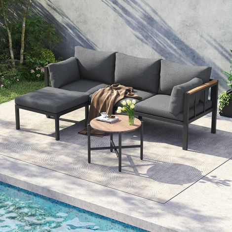Gartenmöbel-Set, Eckgarnitur, Sofa + Couchtisch + Fußhocker, verzinktes Stahlrohr, Glastischplatte, geeignet für Gärten, Schwimmbäder und andere Außenbereiche, grau