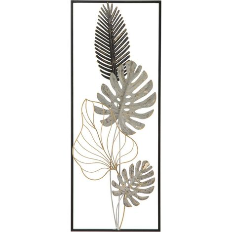 Pannello decorativo da parete Palm A in ferro con foglie tropicali cornice nera 28x74 cm (1/5)