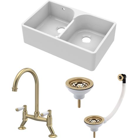 Fireclay Kitchen Sink Bundle - 2 Bowl Butler Sink w/ Stepped Weir, Wastes & Bridge Lever Tap, 795mm Brushed Brass (1/5)