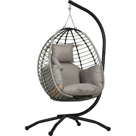 Hängesessel, Sitz- und Rückenkissen, faltbarer Sitzkorb, Becherhalter, Metallgestell, Grau (1/5)