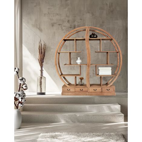 Bibliothèque en bois massif de teck – 4 étagères ouvertes – 2 tiroirs – Design Yin Yang pour rangement élégant (1/5)