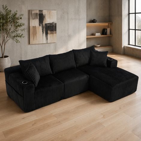 Canapé modulable avec chaise longue et 2 places, velours côtelé noir HAVRYA (1/5)