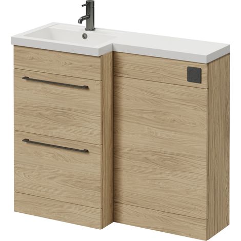 Napoli 390 Light Oak 1000mm 2 Drawer Vanity Unit Toilet Suite with Left Hand Square Lucia Basin - 1000mm - Gunmetal Grey 320mm HandleWithout Kingston Toilet Pan