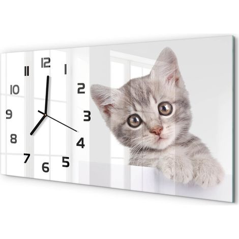 Horloge Murale Horizontale Design 60x30 cm Verre Silencieuse Déco Maison Chat gris (1/5)