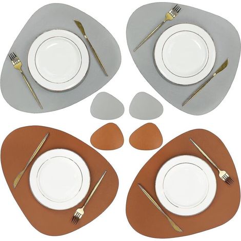 Set mit 4 braunen und grauen, wasserfesten Tischsets und Untersetzern aus Leder – rutschfest für Küchen-/Esstische im Innenbereich (1/5)